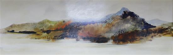 Gerald Parkinson, oil on board, Mountains and lake, signed and dated 1973, 61 x 182cm